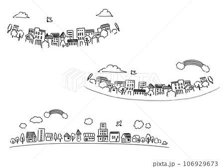 シンプルな手書きの街並み　線画イラスト 106929673