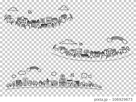 シンプルな手書きの街並み　線画イラスト 106929673