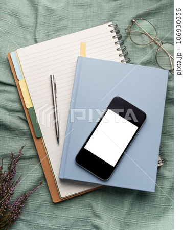 Top view of office supplies Top view of office supplies 106930356