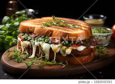 Sandwich with mozzarella cheese and pesto sauce, selective focus 106930391