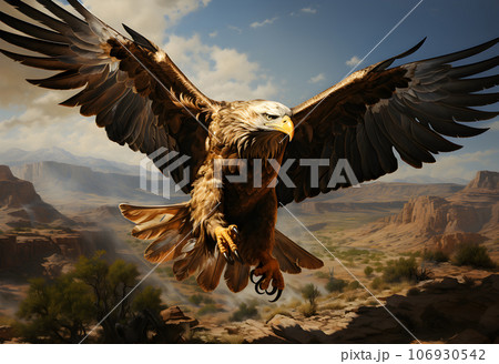 A bald eagle flying in a desert environment. 106930542