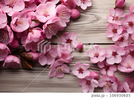 Beautiful sakura flowers on wooden background, top view. Space for text. 106930685