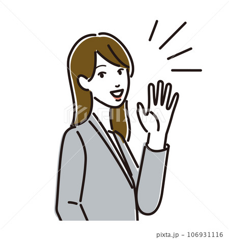 笑顔で手を振るスーツ姿の女性 106931116