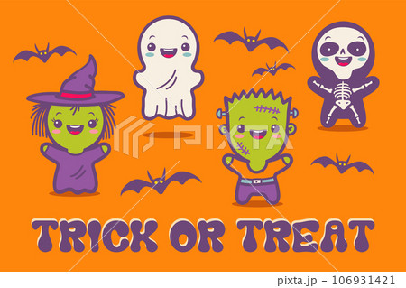 Vector set illustration of children in costumes for Halloween. Illustrations with cute kids in Halloween monsters costumes. Vintage card. 106931421