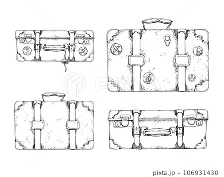 Ink hand drawn vector sketch. Illustration with set of retro vintage old suitcases luggage baggage with stickers and key. Design for tourism, travel, brochure, wedding, guide, print, card, tattoo. 106931430