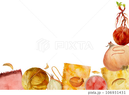 Hand drawn watercolor madder root, onion natural plant dye, materials for hobby, handmade fabric. Illustration isolated composition, white background. Shop logo, print, website, business card, booklet 106931431