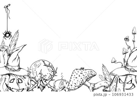 Hand drawn ink vector witch altar carved pumpkin, mushroom isolated horizontal frame. Sketch illustration art Halloween, witchcraft, occult, alchemy. Design shops, logo, print, website, card, booklet Hand drawn ink vector witch altar carved pumpkin, mushroom isolated horizontal frame. Sketch illustration art Halloween, witchcraft, occult, alchemy. Design shops, logo, print, website, card, booklet 106931433