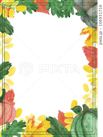 Hand drawn watercolor autumn leaves pumpkin frame border on white background. Can be used for invitation, Scrapbook, poster, label, banner. 106931716