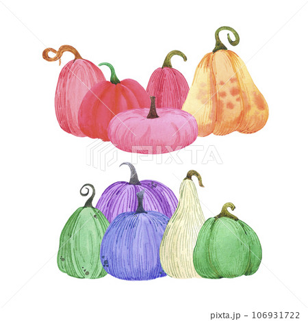 Hand drawn watercolor autumn pumpkin illustration isolated on white background. Can be used for label, Scrapbook, post card and other printed products. Hand drawn watercolor autumn pumpkin illustration isolated on white background. Can be used for label, Scrapbook, post card and other printed products. 106931722