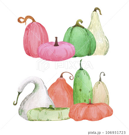 Hand drawn watercolor autumn pumpkin illustration isolated on white background. Can be used for label, Scrapbook, post card and other printed products. Hand drawn watercolor autumn pumpkin illustration isolated on white background. Can be used for label, Scrapbook, post card and other printed products. 106931723