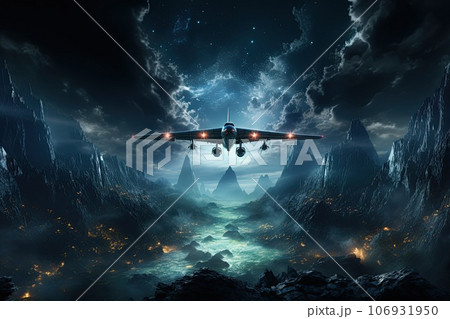 airplane flying over the dark sea 106931950