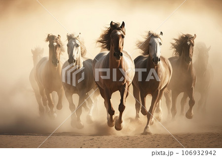 Herd of wild horses galloping Herd of wild horses galloping 106932942