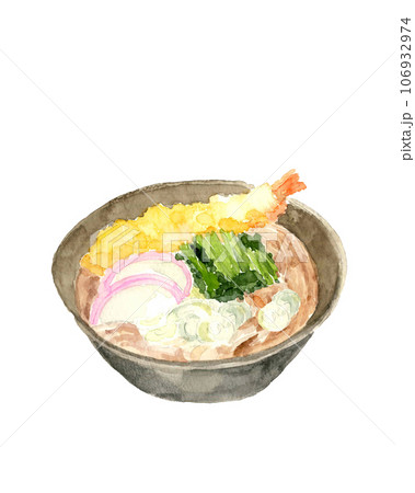 水彩で描いた海老天ぷらそば 年越しそば 白バック 透過背景 106932974
