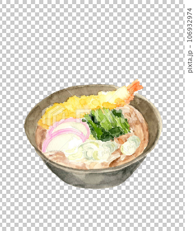 水彩で描いた海老天ぷらそば 年越しそば 白バック 透過背景 106932974
