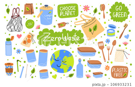 Cartoon Color Zero Waste Elements Set Earth Day Concept Flat Design Style Reusable Items Bag and Container . Vector illustration 106933231