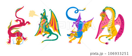 Cartoon Color Different Characters Dragons Set Fairytale or Mythology Concept Flat Design Style Symbol of Asian or Medieval Culture. Vector illustration 106933251