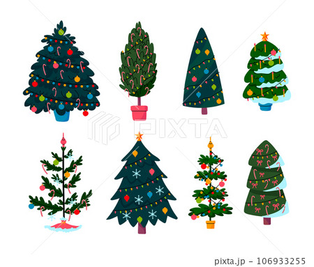 Cartoon Color Different Christmas Trees Icon Set Winter Holidays Concept Flat Design Style. Vector illustration of Decorated Xmas Pines Cartoon Color Different Christmas Trees Icon Set Winter Holidays Concept Flat Design Style. Vector illustration of Decorated Xmas Pines 106933255