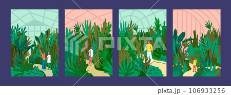 Cartoon Color Characters People and Botanical Garden Concept Flat Design Style. Vector illustration of Scenes with Girl or Boy Inside Pavilion Greenhouse or Glasshouse Cartoon Color Characters People and Botanical Garden Concept Flat Design Style. Vector illustration of Scenes with Girl or Boy Inside Pavilion Greenhouse or Glasshouse 106933256