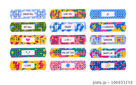 Cartoon Color Cute Aid Band Plaster Medical Patch Set Concept Flat Design Style. Vector illustration of Adhesive Bandage 106933258