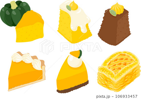 シフォンケーキやタルトやレアチーズケーキやパイなどの、甘くてほくほくなかぼちゃスイーツのアイコン 106933457
