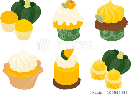 蒸しパンやカップケーキやタルトやレアチーズケーキなどの、甘くてほくほくなかぼちゃスイーツのアイコン 蒸しパンやカップケーキやタルトやレアチーズケーキなどの、甘くてほくほくなかぼちゃスイーツのアイコン 106933458