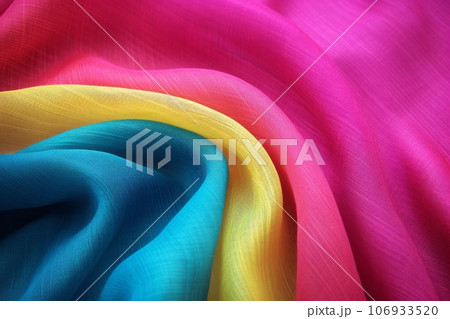 Neon colour silk satin wave drapery pink blue yellow abstract background. Generative AI 106933520