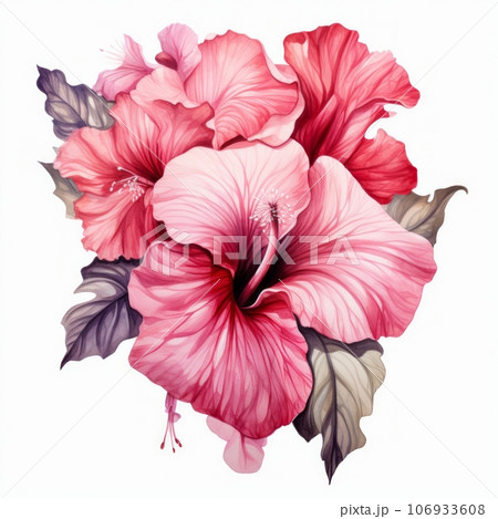 Hibiscus watercolor illustrations set. Pink and yellow floral sketch drawing.  Exotic blossom, buds realistic hand drawn cliparts. Tropical flowers with  aquarelle texture. Postcard isolated design Stock Illustration | Adobe Stock