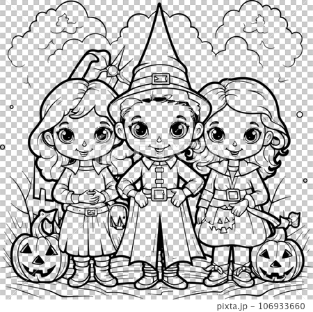 Halloween party for kids, black and white coloring page for kids and adults , line art, simple cartoon style, happy cute and funny Halloween party for kids, black and white coloring page for kids and adults , line art, simple cartoon style, happy cute and funny 106933660