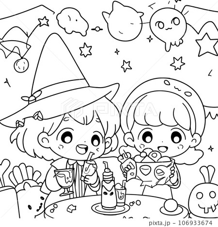 Halloween party for kids, black and white coloring page for kids and adults , line art, simple cartoon style, happy cute and funny 106933674