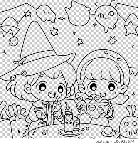 Halloween party for kids, black and white coloring page for kids and adults , line art, simple cartoon style, happy cute and funny 106933674