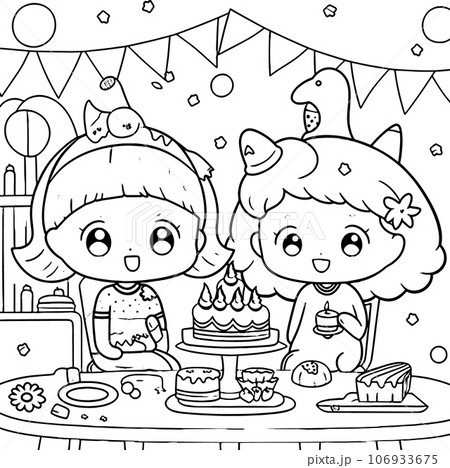 Halloween party for kids, black and white coloring page for kids and adults , line art, simple cartoon style, happy cute and funny 106933675