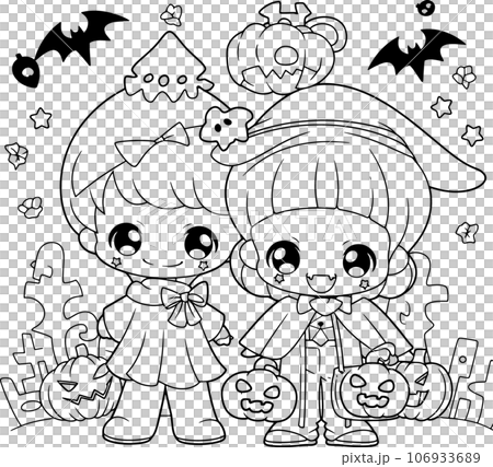 Halloween party for kids, black and white coloring page for kids and adults , line art, simple cartoon style, happy cute and funny 106933689