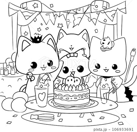 Halloween party for kids, black and white coloring page for kids and adults , line art, simple cartoon style, happy cute and funny 106933691