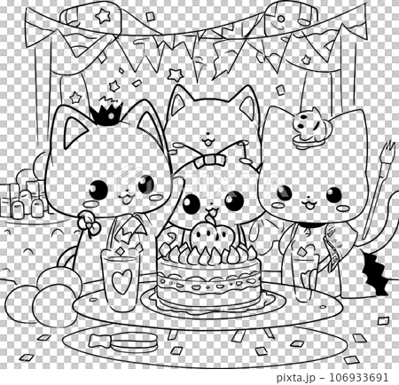 Halloween party for kids, black and white coloring page for kids and adults , line art, simple cartoon style, happy cute and funny 106933691