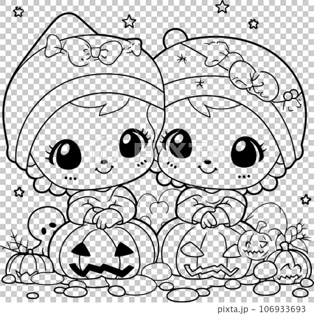 Halloween party for kids, black and white coloring page for kids and adults , line art, simple cartoon style, happy cute and funny 106933693
