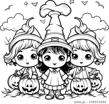 Halloween party for kids, black and white coloring page for kids and adults , line art, simple cartoon style, happy cute and funny 106933694