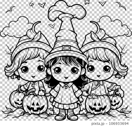 Halloween party for kids, black and white coloring page for kids and adults , line art, simple cartoon style, happy cute and funny 106933694