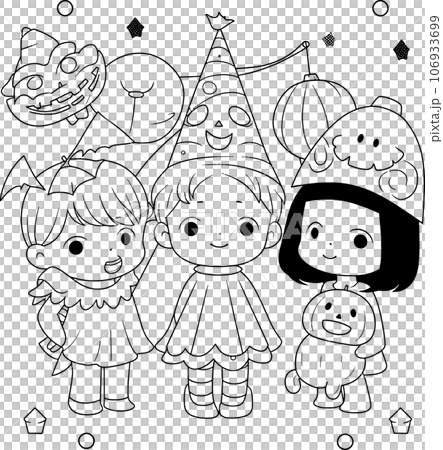 Halloween party for kids, black and white coloring page for kids and adults , line art, simple cartoon style, happy cute and funny Halloween party for kids, black and white coloring page for kids and adults , line art, simple cartoon style, happy cute and funny 106933699