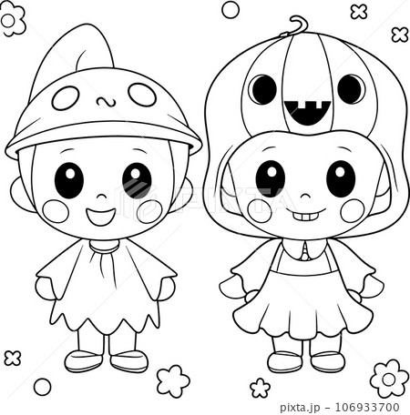 Halloween party for kids, black and white coloring page for kids and adults , line art, simple cartoon style, happy cute and funny 106933700