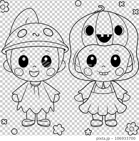 Halloween party for kids, black and white coloring page for kids and adults , line art, simple cartoon style, happy cute and funny 106933700