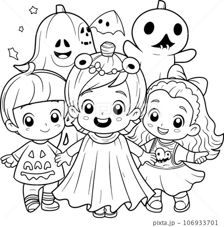 Halloween party for kids, black and white coloring page for kids and adults , line art, simple cartoon style, happy cute and funny Halloween party for kids, black and white coloring page for kids and adults , line art, simple cartoon style, happy cute and funny 106933701
