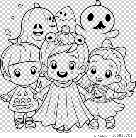 Halloween party for kids, black and white coloring page for kids and adults , line art, simple cartoon style, happy cute and funny Halloween party for kids, black and white coloring page for kids and adults , line art, simple cartoon style, happy cute and funny 106933701