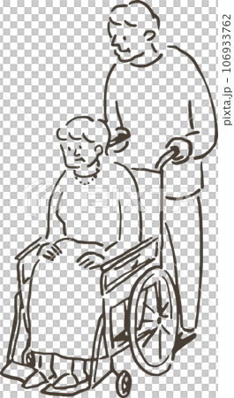 車椅子に乗った中年女性と介助する中年男性（線画） 106933762