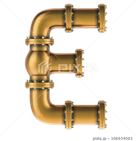 Letter E from copper, bronze or brass pipes, 3D rendering 106934083