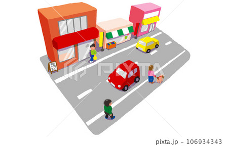 お店が並び人や自動車が行きかう商店街の街並み 106934343