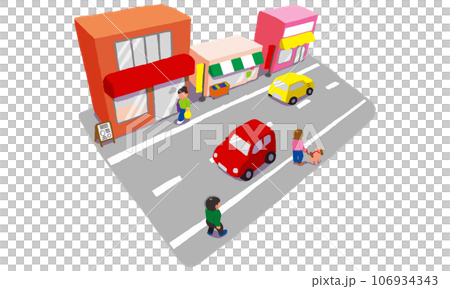 購物街的街景,兩旁都是商店,人和汽車經過 購物街的街景,兩旁都是商店,人和汽車經過 106934343