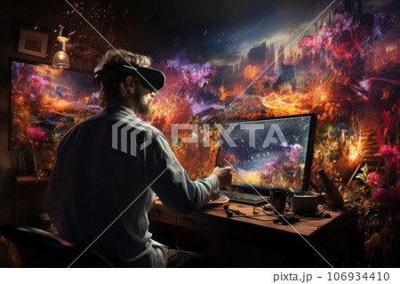 A man painting in virtual reality world, Vr surreal world, Generate with Ai. 106934410