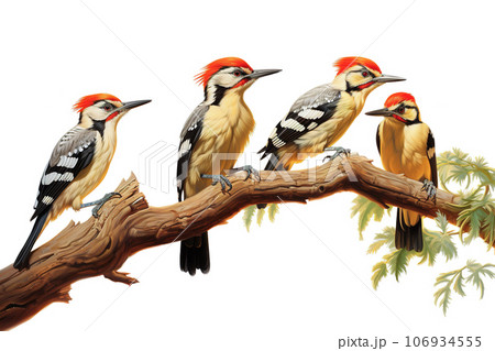 Image of group of common flameback birds on a branch on a white background. Birds. Animals. Illustration, Generative AI. Image of group of common flameback birds on a branch on a white background. Birds. Animals. Illustration, Generative AI. 106934555
