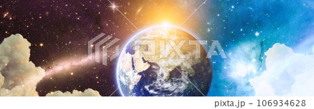 Earth and galaxy. Multicolor outer space. Elements of this image furnished by NASA. 106934628