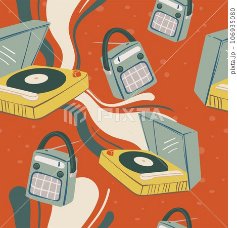 Vinyl plate player and boombox, seamless print 106935080